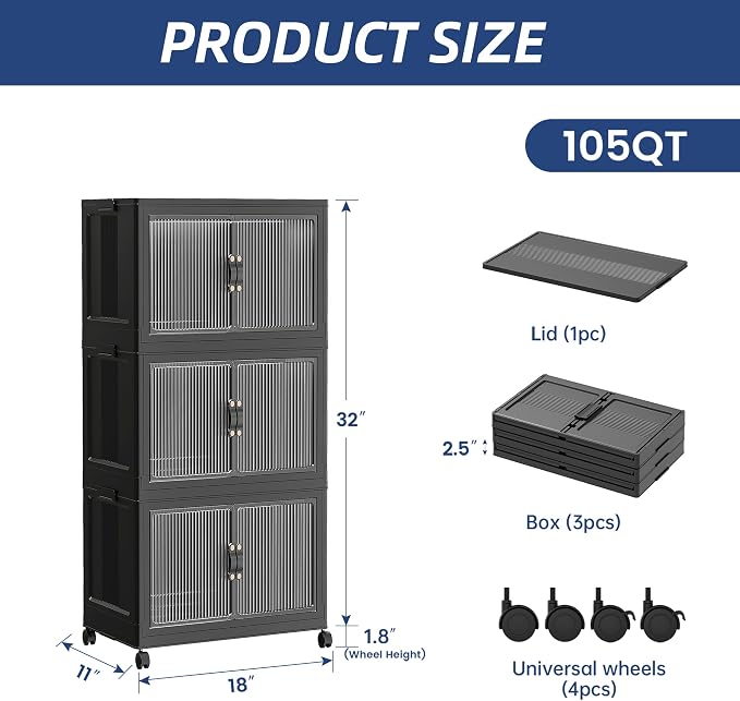 SAILUN 105Qt Stackable Storage Bins,Storage Cabinet with a Lid,3 Pack Black | Stackable Storage Drawers with Lids,18" W x 11" D x 32" H,Featuring open-front Access for and Closet Storage