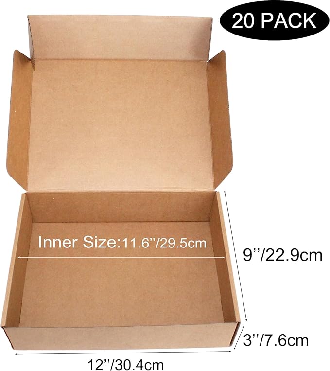 12x9x3 Shipping Boxes 20-Pack, Brown Corrugated Cardboard Boxes for Mailing, Shipping & Small Business Packaging