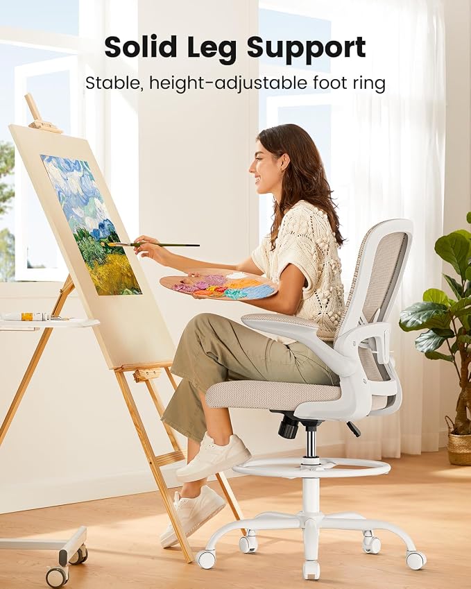 ErGear Drafting Chair,Tall Office Chair with Flip-Up Armrests, High Desk Chair Adjustable Height and Adjustable Footrest Ring, Ergonomic Standing Desk Chair with Lumbar Support, Khaki,6 Pack