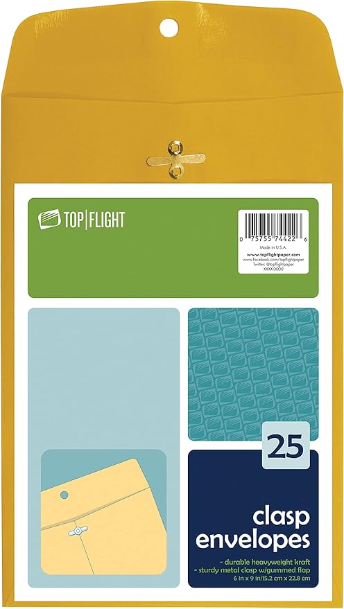 Top Flight Clasp Envelopes, Gummed and Clasped Closure, 6 x 9 Inches, Brown Kraft, 25 Envelopes per Pack (6911114)