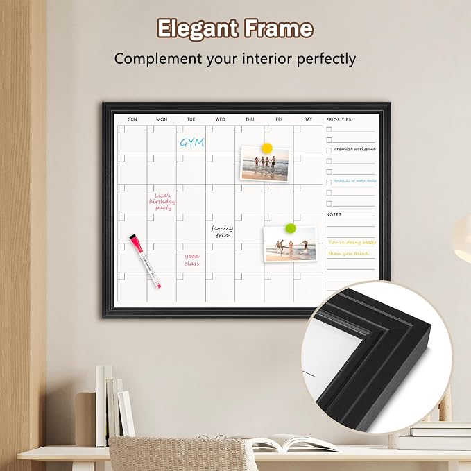 DOLLAR BOSS Magnetic WhiteBoard Calendar, 36x24 in, Dry Erase Board, Black | Monthly Dry Erase Planner for Wall with White Wood Style Frame for Office, School, Dorm, Home Decor