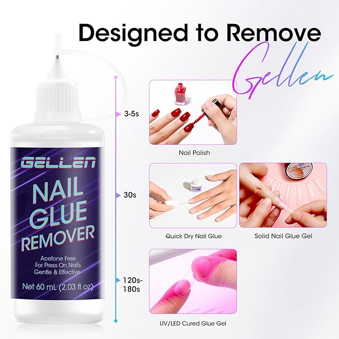 Gellen Press On Nail Remover: Pinpoint Glue Remover 2.03 Fl.oz, Non Acetone Gentle Press on Removal for Quick Dry Strong & Solid Glue, Gel X Off for Fake Nail Tip