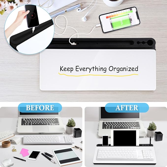 DOLLAR BOSS Glass Desk Whiteboard Small Dry Erase Board, Black | Desktop White Board with Storage Drawer, Computer Keyboard Stand, Desk Organizer, Office Supplies, With Markers, Eraser