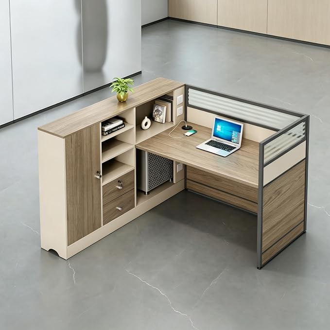 Modern Office Workstation Desk with Side Storage Cabinet, Tempered Glass Privacy Panels, USB Charging Hub & Cable Management, Modular Cubicle Desk for Office Work (B - Left, 1P)