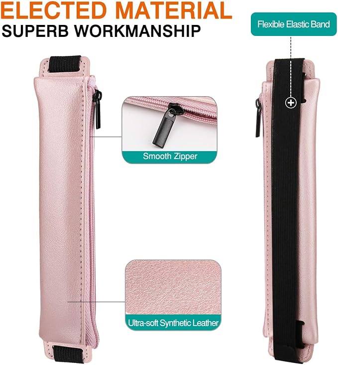 MoKo Elastic Pen Holder for Notebook, 2 Pack PU Leather Pouches | Zippered notebook pouch stores 3–4 pens and secures to hardcovers over 21 cm with an elastic strap; Gold Pink and Dark Blue.