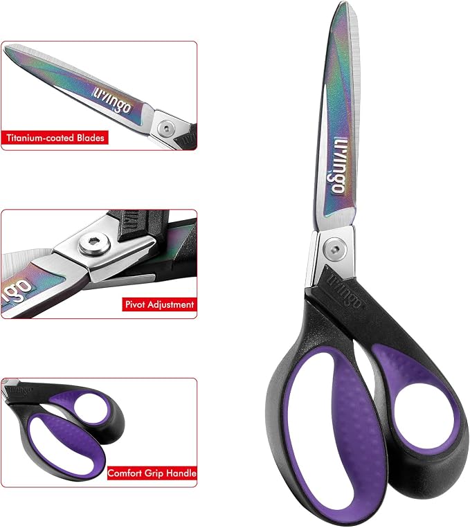 LIVINGO 9" Titanium Shears, Heavy Duty Scissors All Purpose, Purple/Black | Titanium-Coated Stainless Steel Blades, Ergonomic Right-Handed Scissors for Sewing, Carpet, Craft & Household Use