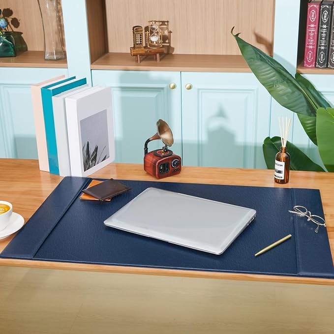 Leather Desk Pad Protector with Side Rails, Blue, 30 x 18 Inch | Executive Office Desk Mat, Smooth Writing Surface, Desktop Protector Covers Mouse Keyboard, Elegant Gift, Men Dad Husband