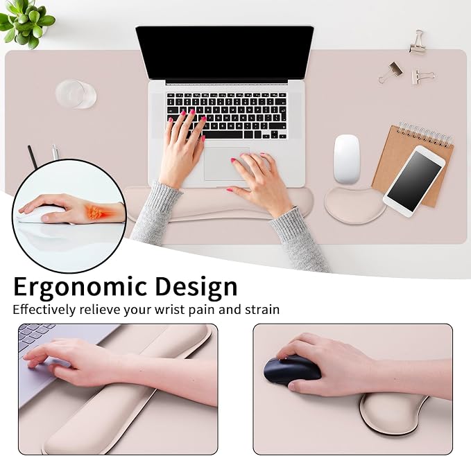 Mouse Pad and Keyboard Wrist Rest, Large Keyboard and Mouse Pad Set, Ergonomic Mousepad with Wrist Rest, Non-Slip Desk Mat Protector for Office, Home (35.4×15.7 Inches, Cream Pink)