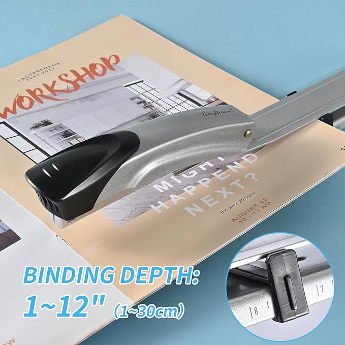 Long Reach Stapler,with 2000 Staples & Stapler Remover Full Strip，20-25 Sheet Capacity,with Built-in Ruler and Adjustable Locking Paper Guide, Silvery