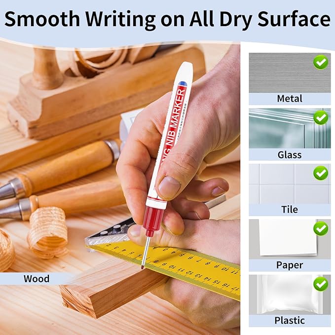 15 Pcs Long Nib Marker, 20 mm Long Head Deep Hole Marker Pens, Fine Nose Tip Deep Reach Permanent Paint Markers for Metal, Marking Pen for Drilling, Carpenter, Woodworking, Construction (Red)