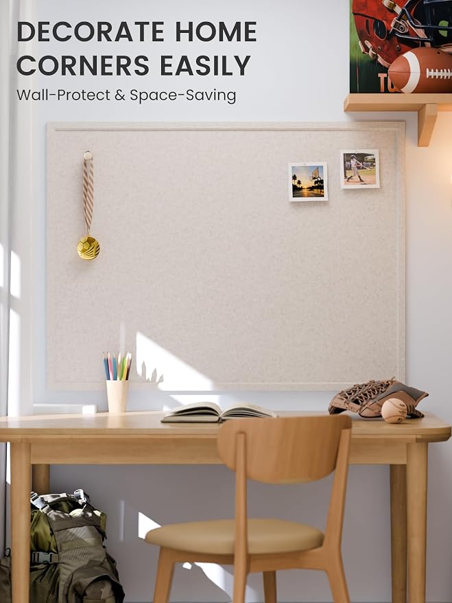 Fluxynara 47.2" x 35.4" Felt Frame Bulletin Board, Oatmeal | Cork Board Alternative with 36 Removable Adhesive Tabs, Foldable Pin Board for Wall, Home, Office, Classroom & Dorm