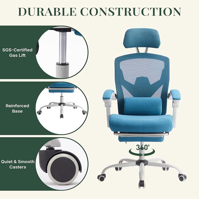 Ergonomic Office Chair with Footrest, Computer Gaming Chair | Adjustable Headrest, Lumbar Support, Swivel Reclining, Padded Armrest, Mesh High Back, Home Desk Work Study, Blue