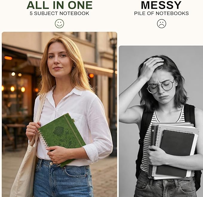 Hardcover Spiral Notebook with 5 Removable Dividers Tabs 300 Pages Leather 5 Subject Notebook College Ruled 8"x10" Large B5 Notebooks for Work School Note taking Lined Journal for Women, Green