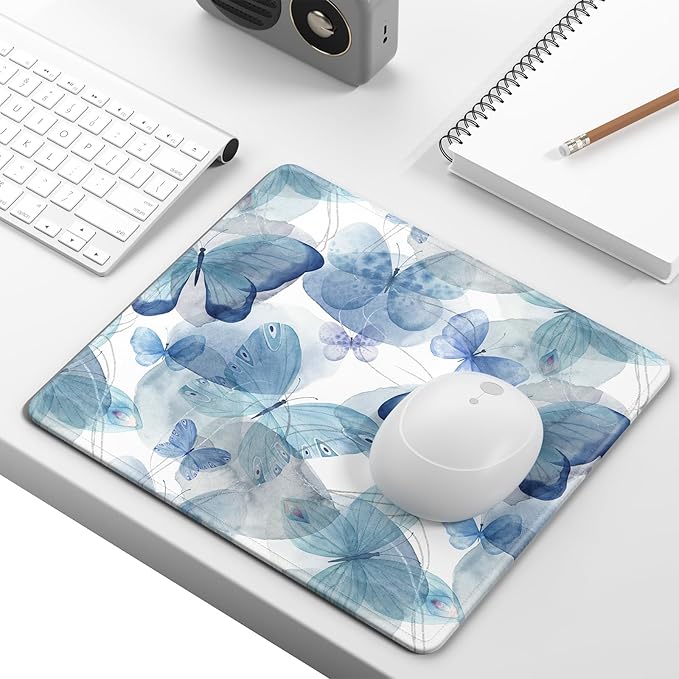 Mouse Pad, Minimalism Marble Style Computer Pad, Anti-Slip Rubber Mouse Mat with Stitched Edges for Gaming, Office, Laptop, PC, Women, 9" x 8" Thick 3 mm, Blue Butterfly