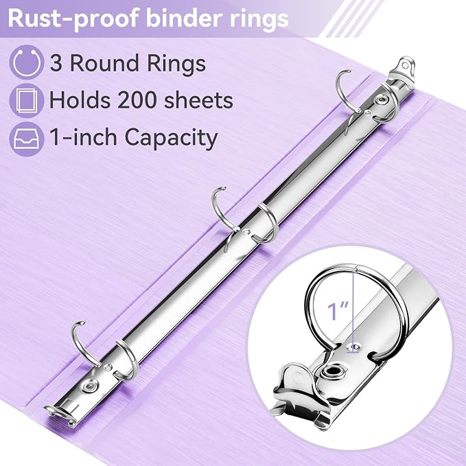 SUIN 1 Inch 3 Ring Binder, Clear 1'' View Presentation Binders with 2 Pockets, Fits 8.5 x 11 Letter Size, Durable Polypropylene, Non-Stick & PVC-Free for School, Office & Home (Brushed Lavender)