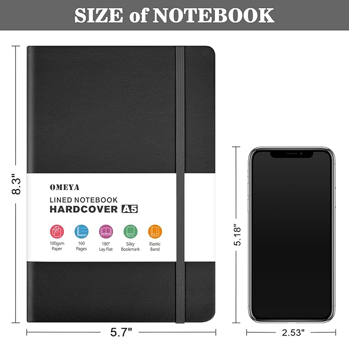 OMEYA 8 Pack Lined Journal Notebooks for Work, 100gsm Thick Paper, 5.7"x 8.3", College Ruled Black A5 Notebook Bulk, Leather Journal for Writing, Hardcover Notebooks for School, Office, Journal for Men