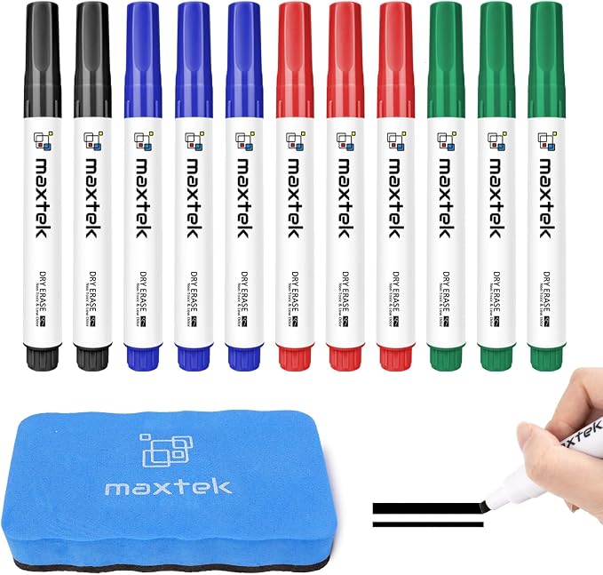 maxtek Low Odor Dry Erase Markers Chisel Tip, 12 Count | Whiteboard Markers Set, 1 Magnetic Eraser