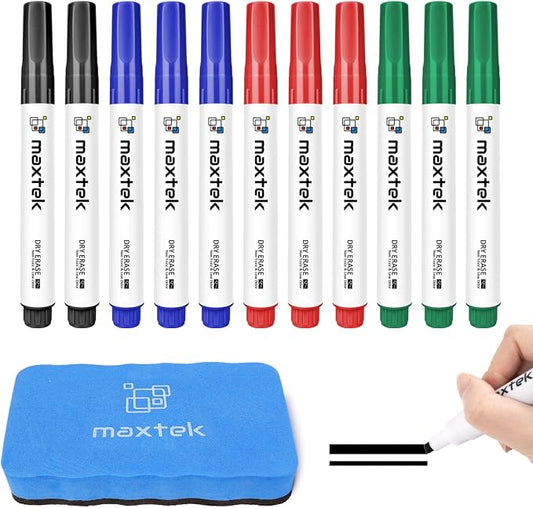 maxtek Low Odor Dry Erase Markers Chisel Tip, 12 Count | Whiteboard Markers Set, 1 Magnetic Eraser