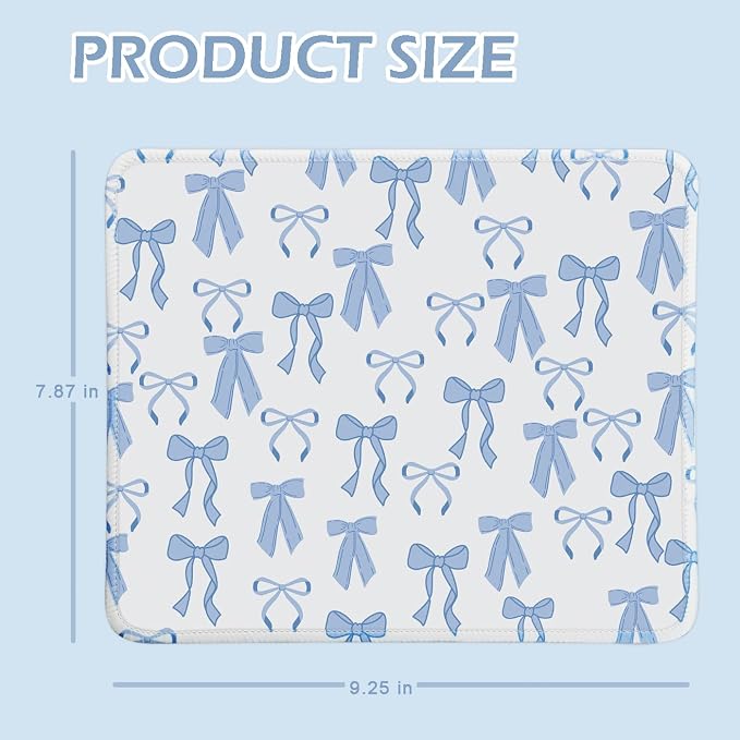 Mouse Pad for Desk with Stitched Edge, Premium Cute Washable Mouse Pads. Computer Mousepad with Non-Slip Rubber Base, Mousepads for Laptop, 9.25x7.75x0.12 inch (Blue Bows)