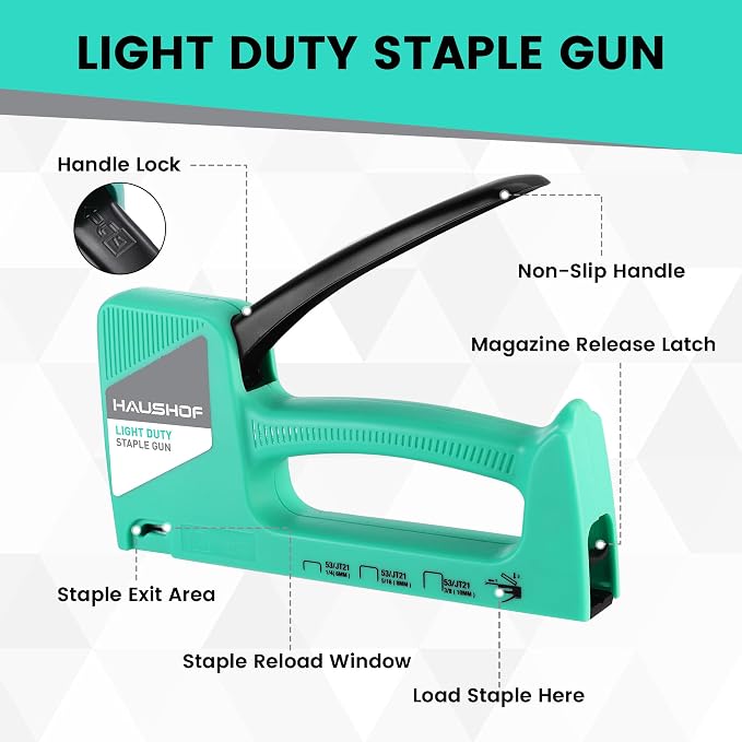 HAUSHOF Light Duty Staple Gun, Upholstery Staple Gun with 800PCS JT21 Staples and Stapler Remover, Fits JT21 Staple of 1/4'', 5/16'' & 3/8'', Used for Wood, Classroom, Crafts, DIY, Decoration (Green) | Upholstery Staple Gun Fits JT21 Staple of 1/4'', 5...