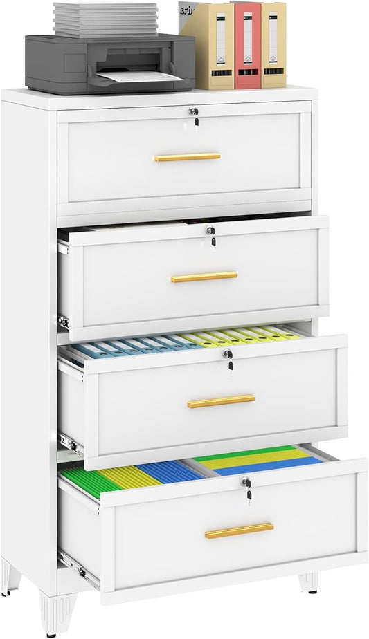 4 Drawer Metal File Cabinet with Lock,Lateral Filing Storage Cabinets,Steel Wide File Organization for Legal/Letter/A4/F4 Size with Hanging Files&Key,Lockable Printer Stand for Home Office, White