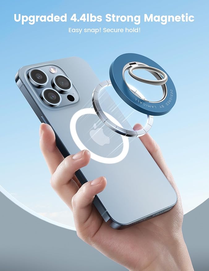 Lamicall Magnetic Phone Grip for MagSafe Accessories, Strong Magnet Ring | 360° Rotation, 1s Snap Finger Hand Holder, Stand Kickstand for iPhone 17 16 15 14 13 12 Pro Max Air, Blue Mag Safe Decor