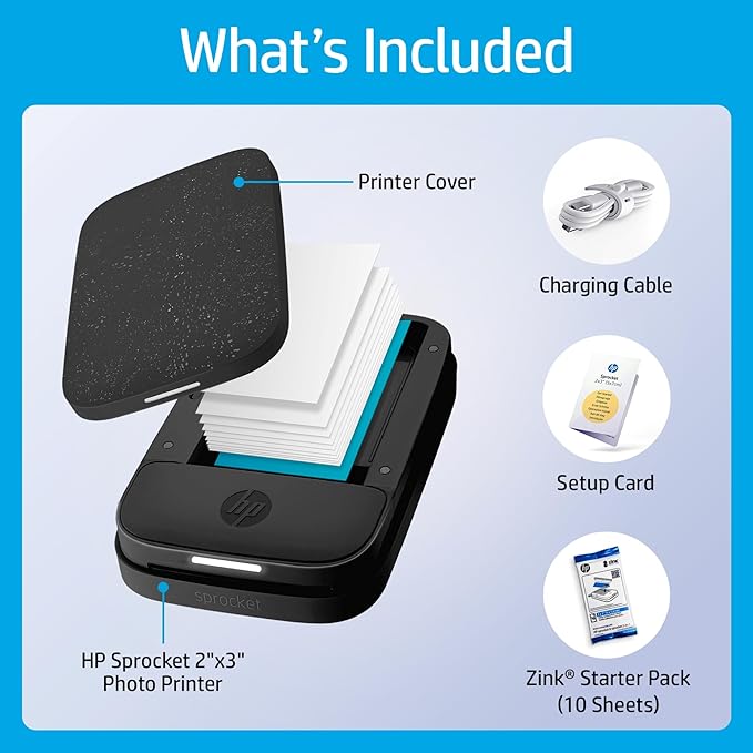 HP Sprocket Portable 2x3 Inch Instant Photo Printer (Black Noir) Print Pictures on Zink Sticky-Backed Paper From Your iOS & Android Device