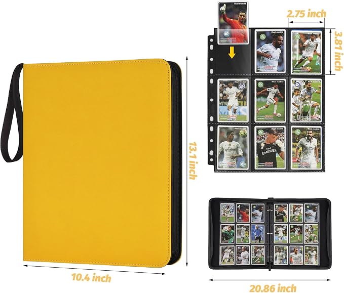 GERMUN 3 Ring 9 Pocket Zipper Card Binder, 720 Double Sided Standard PU Trading Card Album Folder for TCG & Sports Cards, Not Fit Top Loaders (YELLOW)