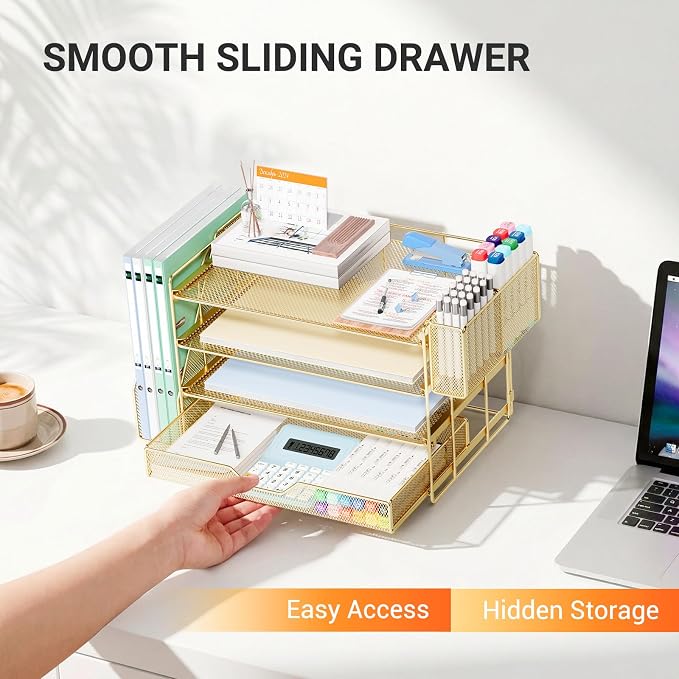 Desk Organizers and Accessories, 4-Tier Desktop File Organizer with Drawer and Pen Holders, Office Desk Accessories Workspace Organizers for Office Supplies (Gold)