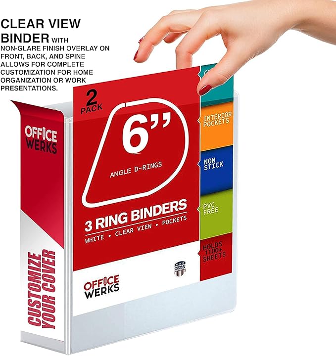 4 Pack of 6 Inch 3 Ring Binder with Locking Angle D Rings, Professional Heavy Duty Large Storage Binder with Pockets, Fits 8.5 x 11 Inch Sheets, Non-Stick Clear View Cover, Customizable, White