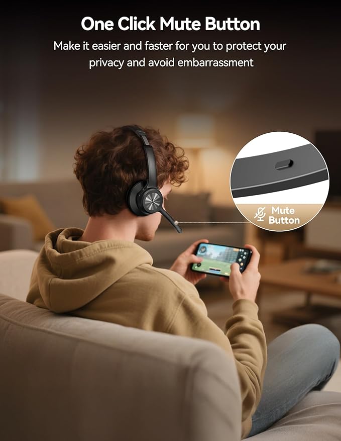 TECKNET Trucker Bluetooth Headset, Wireless Headset with Mic for Work, V5.2 Bluetooth Headphones with AI Noise Cancelling Microphone, 60H Battery, On-Ear Headphones for Call Center, Office, Drivers
