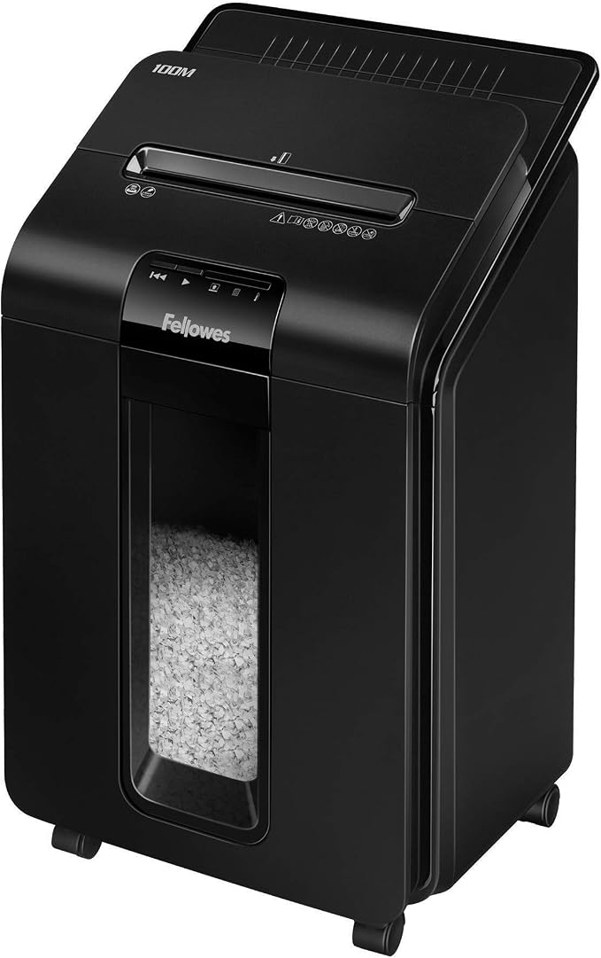 Fellowes AutoMax Micro-Cut 100M Office Auto Feed 2-in-1 Paper Shredder with 100-Sheet Capacity and Fellowes Powershred Performance Shredder Oil, 12 oz. Extended Nozzle Bottle