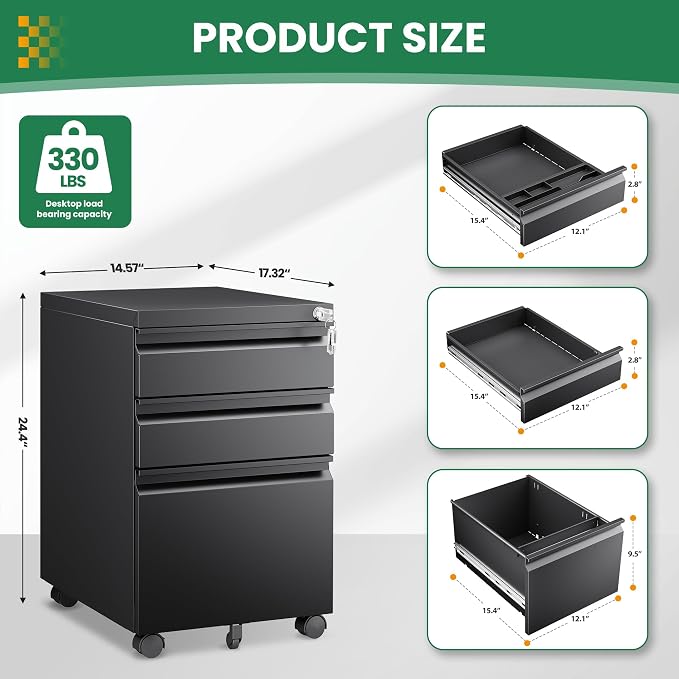 Mobile File Cabinet with Lock, 3 Drawer File Cabinet for Home Office, Rolling File Cabinet, Under Desk Locking Filing Cabinet on Wheels for Legal/Letter/A4 File, Fully Assembled, Black