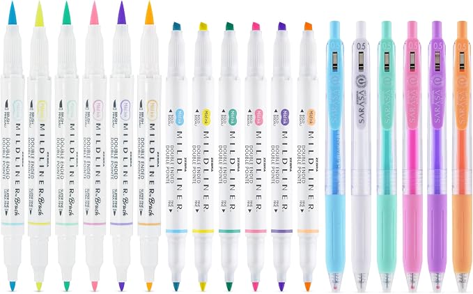 Zebra Pen MILDLINER Highlighter, Brush & SARASA Gel Pen Set, Assorted 18-Pk | Includes 6 MILDLINER Highlighters, 6 Brush Pens, and 6 SARASA Clip Gel Pens, Ideal for Journaling and Hand Lettering (76018)
