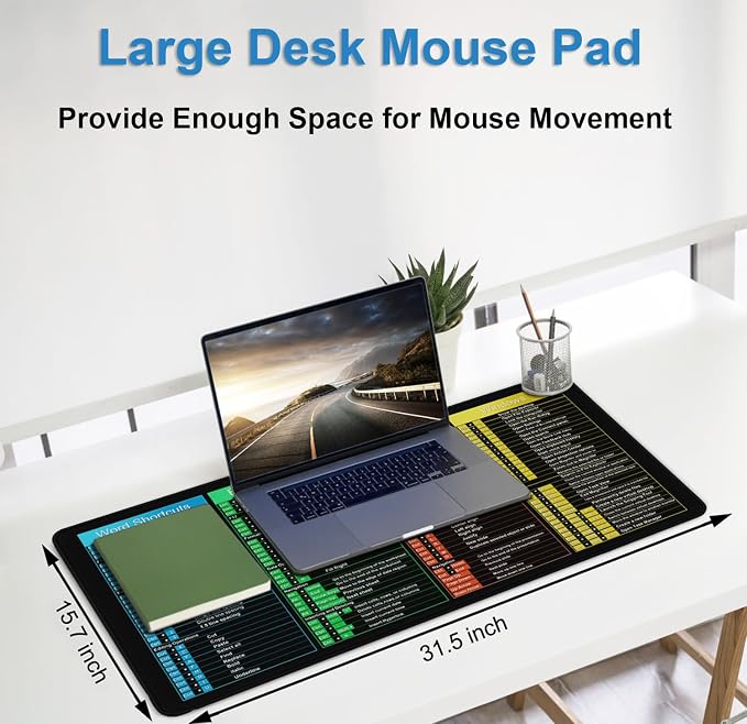 Excel Shortcuts Large Mouse Pad, 31.5" x 15.7" Waterproof Gaming Mousepad | MousePad with Stitched Edge, Non-Slip Rubber Base Excel/Word/Power Point/Windows Big Keyboard Mat for Gamer, Office & Home