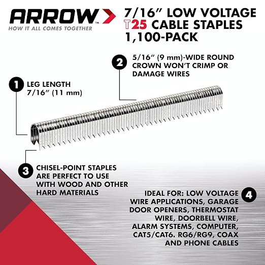 Arrow Heavy-Duty T25 Round Crown Staples, 1100 Count | For Low Voltage Cables & Wires, Up to 1/4" Wire Diameter, 7/16" Leg Length, 5/16" Crown Width