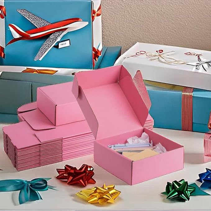 10x10x3 inch Pink Shipping Boxes for Small Business- Set of 25 | Sturdy ECT 32 Corrugated Cardboard Mailer Boxes, Easy Assemble for Packaging, Mailing, Gift