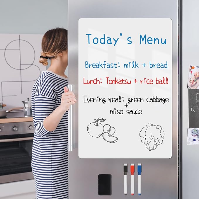 Magnetic Fridge White Board Paper, 8" x 12" 2 Pack Small Dry Erase Board Sheet for Organizer and Planner, Kitchen Refrigerator Whiteboard for Family to-do List, Includes Markers and Eraser
