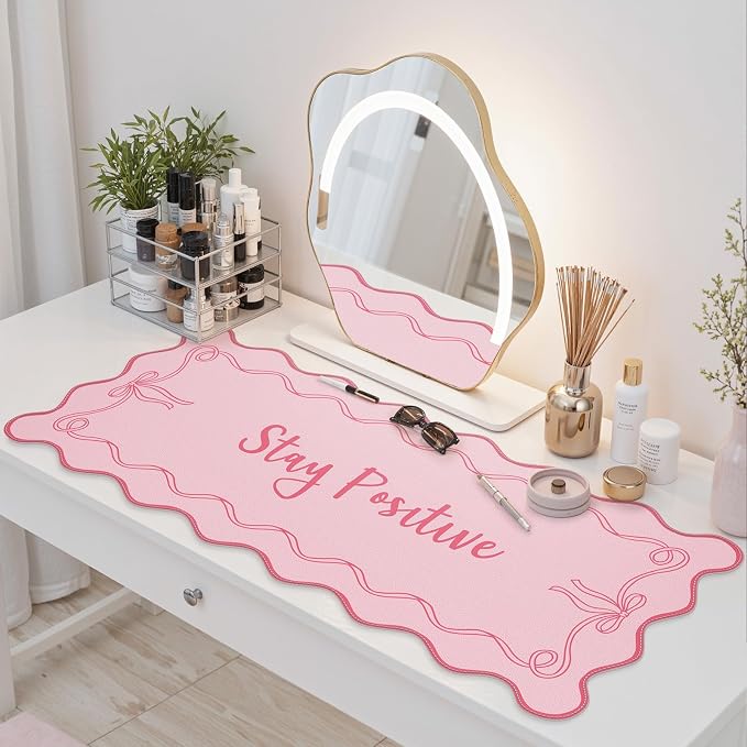 iCasso Pink Mouse Pad, Scalloped Desk Cover Mat, Leather Waterproof Desk Pad Mat for Desktop Protector, Non-Slip XXL Big Mousepad for Computer Keyboard Office Dorm Desk -Stay Positive