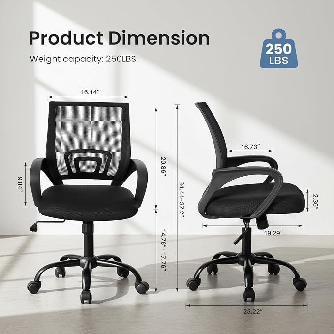 DUMOS Home Office Chair - Ergonomic Mid Back Mesh Desk Chair with Lumbar Support & Rocking Mode, Height Adjustable with Fixed Armrest, for Computer, Gaming, Meeting, 360° Swivel, Black