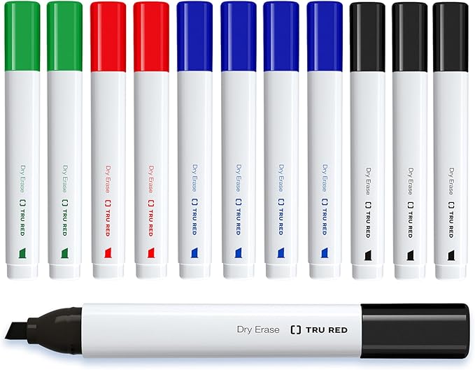 TRU RED Dry Erase Markers, Chisel Tip, Assorted Colors, 12 Pack – Bold Color Whiteboard Markers for Office, School & Home