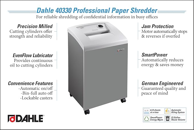 Dahle 40330 Paper Shredder, Micro Cut, P-6 Security, German Engineered, Jam Protection, Automatic Oiler, SmartPower, 6 Sheet Max, 23 Gal Bin