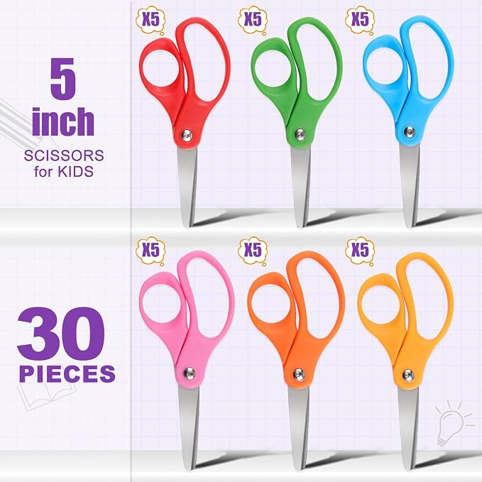 BURVAGY 30 Pack 5" Kids Scissors Safety Children Small Scissors for School | 5 Inch Kid Scissors Bulk Blunt Round Tip Scissors Children Student Scissors for Classroom Kindergarten Age 5-8 Comfort Grip