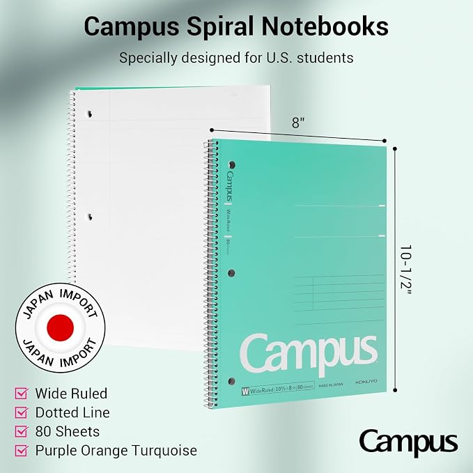 KOKUYO Spiral Notebooks, 3 Pack 10-1/2" x 8" Lined Notebooks Wide Ruled | Campus Subject Notebooks, 80 Sheets, 3 Holes School Japanese Ring Journal for Work Study Note Taking, Purple Orange Turquoise