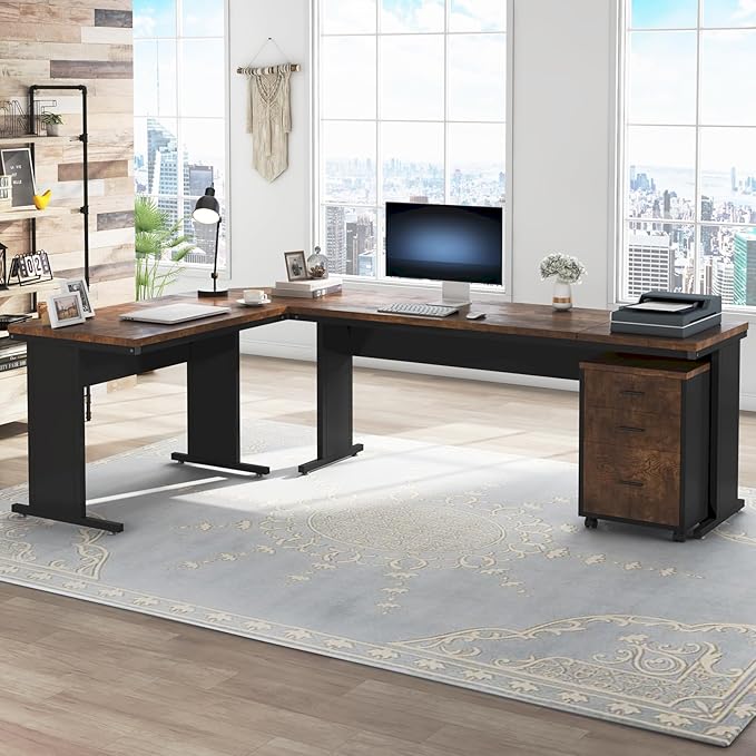Tribesigns 83" L-Shaped Executive Desk, Large Office Desk with Drawers, Industrial Corner Computer Table with Rolling File Cabinet, Business Workstation for Home Office (Brown, 83 Inches)