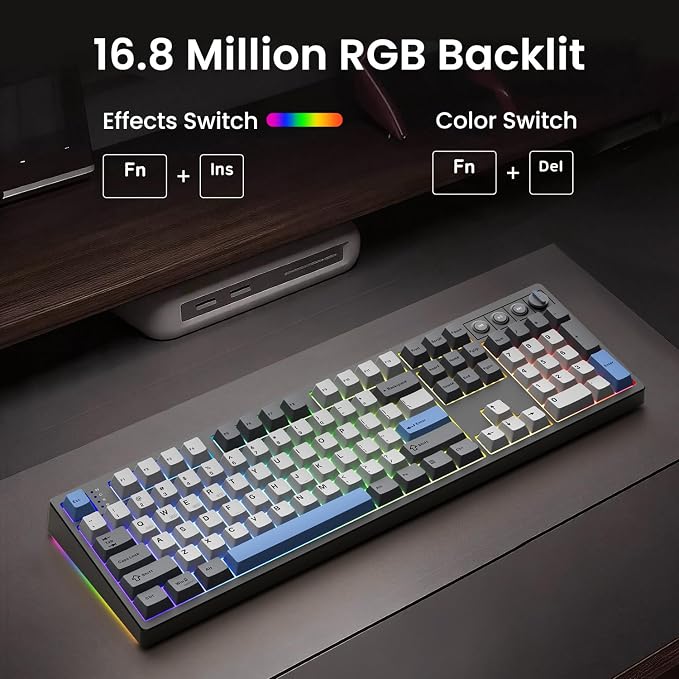 Kisnt KN104 Wireless Mechanical Keyboard for Office& Gaming | 100% Full Size with numpad, Bluetooth/2.4GHz/USB-C, Custom RGB, Hot-Swappable, Knob Control, Creamy Sound with Linear Switch