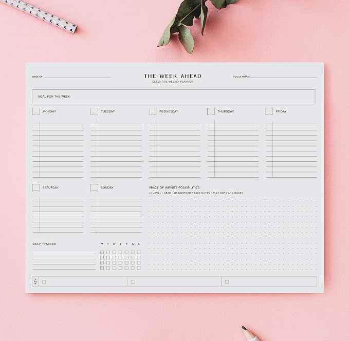 ThreeKin Essential Weekly Planner - 8.5"x11", 52 Tear-Off Sheets, Motivational Design, Goal Setting, Time Management, To-Do Lists, Productivity Organizer, Perfect for Home, Office, Students, Work