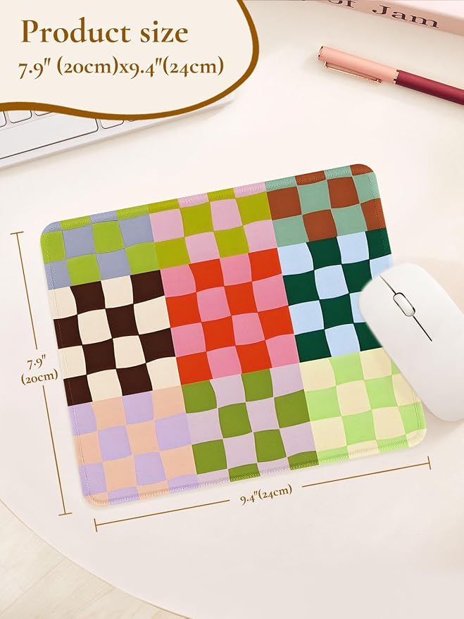 Cute Colorful Mouse Pad,Retro Checkered Pattern Mousepad,Square Aesthetic Waterproof Mouse Mat Design, Non-Slip Rubber Base Funny Boho Small Mouse Pads, Desk Accessories,Purple Blue Green