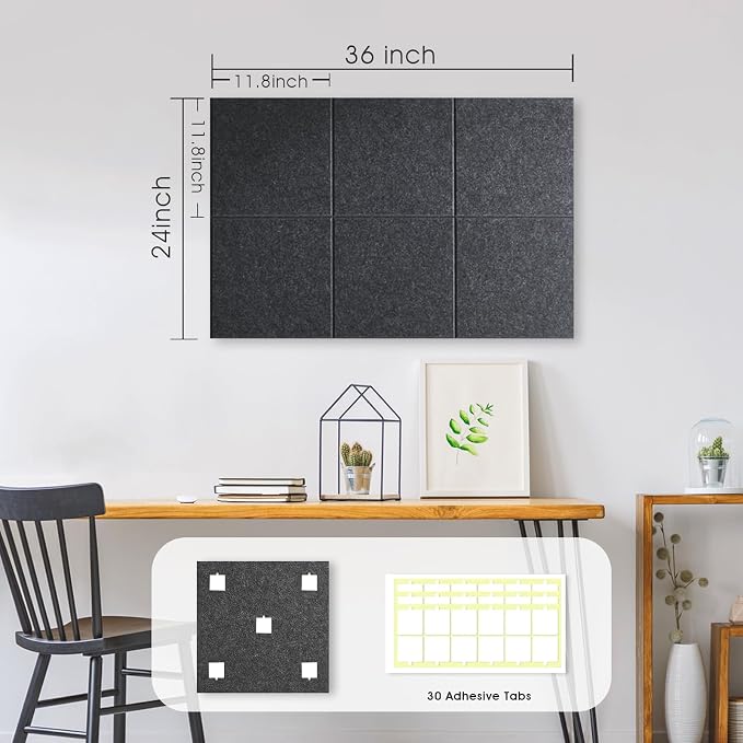 36" x 24" Large Felt Bulletin Board 1/2" Thick, Dark Gray | 6 Pack Felt Tiles, Cork Board Alternative, 30 Adhesive Tabs, Pin Board for Home Office Decor with Easy Install
