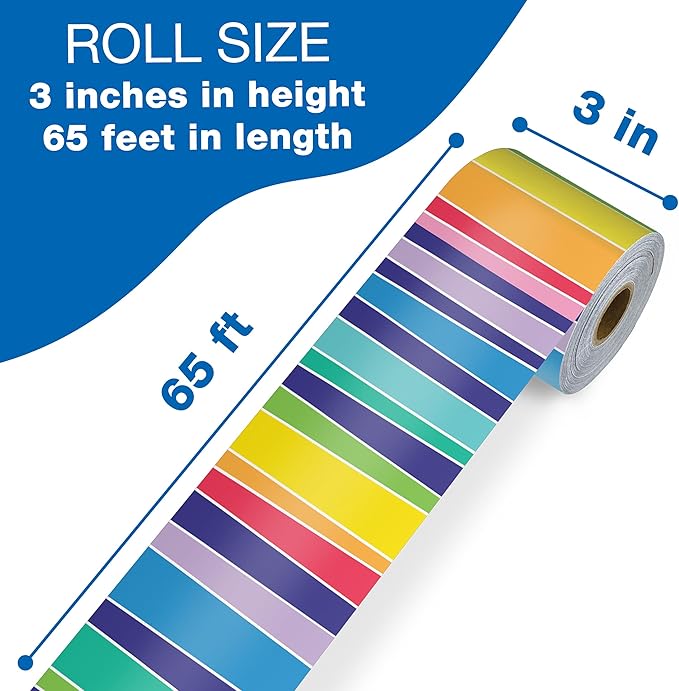 Carson Dellosa 65Ft of Striped Rainbow Bulletin Board Borders, 1 Roll of Colorful Trim for Rolling Whiteboard, Posterboard, Party Decorations, and Classroom Decor